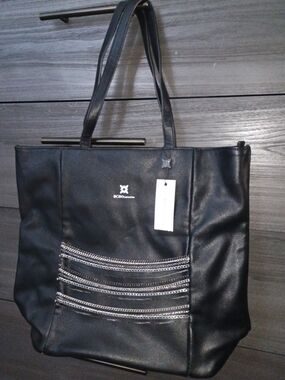 BCBGeneration Black Messenger Tote with Chain Stripe Accent